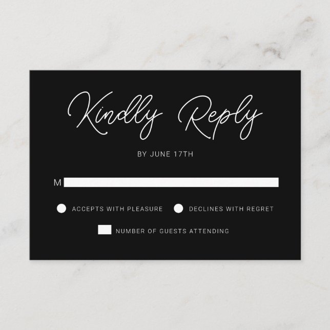 Modern Playful Calligraphy Black White Wedding RSVP Card (Front)
