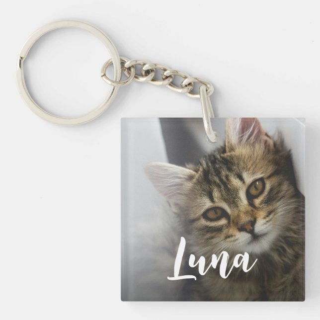 Modern Playful Chic Cat Photo Name Key Ring (Front)