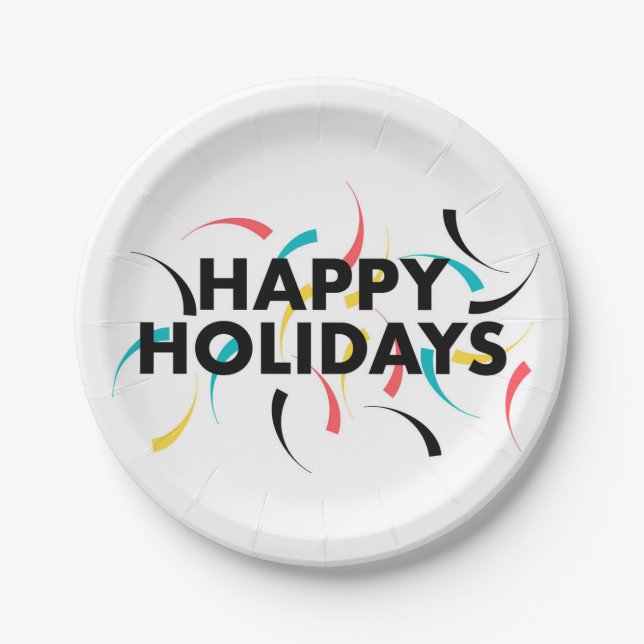 Modern, playful design of  "Happy Holidays" Paper Plate (Front)