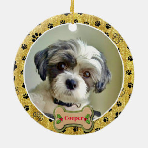 Modern Playful Simple Photo Dog - Paw Print Design Ceramic Tree Decoration
