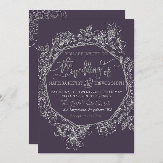 Modern Plum, Dark purple  & Silver floral Wedding Invitation (Front/Back)