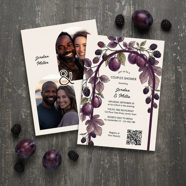 Modern Plum Fig Arch Autumn Couples Shower Invitation (Fall Couples Shower invitation by Darling & May with your photos, rich purple plums and berries.)