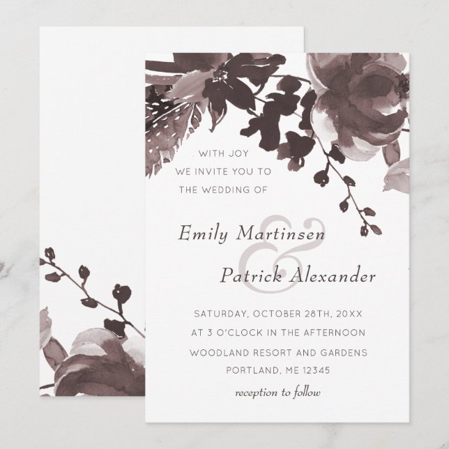 Modern Plum Floral Wedding Invitation (Front/Back)