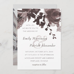 Modern Plum Floral Wedding Photo Invitation