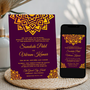 Modern Plum Gold Mandala Indian Wedding Invitation