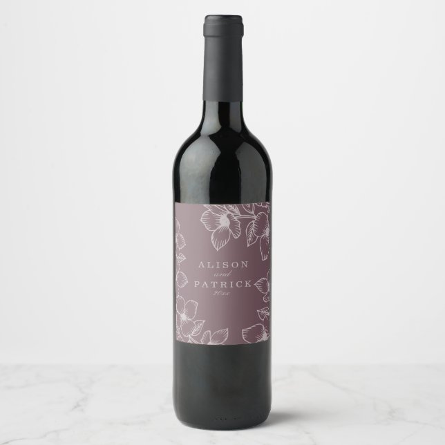 Modern Plum Purple Floral Wine Label (Front)