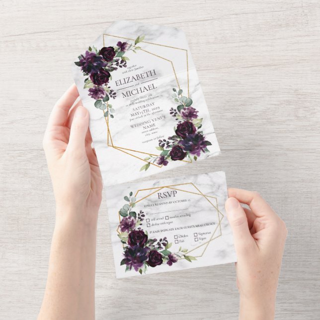 Modern Plum Purple Geometric Marble Floral Wedding All In One Invitation (Tearaway)