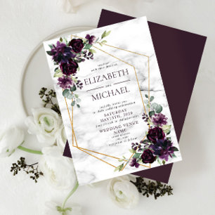 Modern Plum Purple Geometric Marble Floral Wedding Invitation