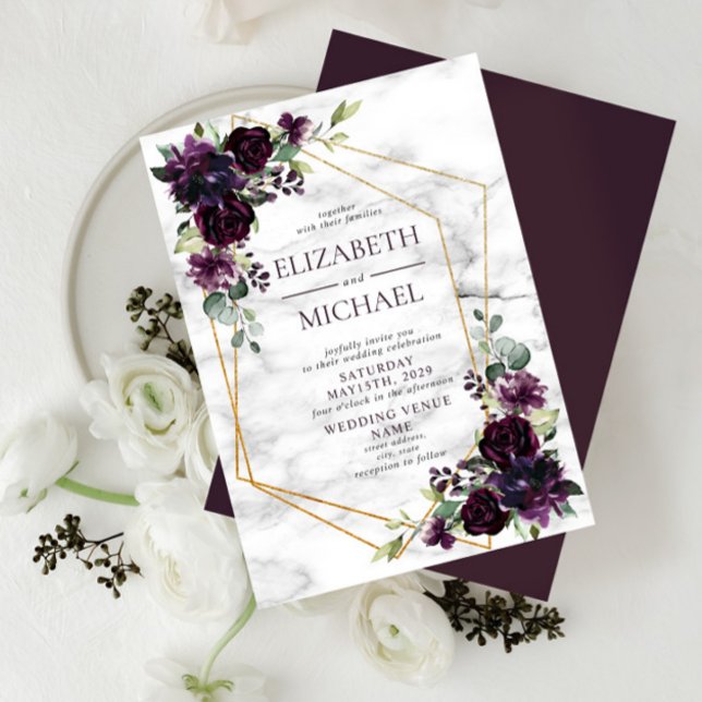 Modern Plum Purple Geometric Marble Floral Wedding Invitation (Creator Uploaded)