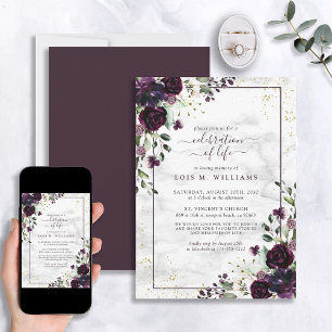 Modern Plum Purple Gold Marble Celebration of Life Invitation