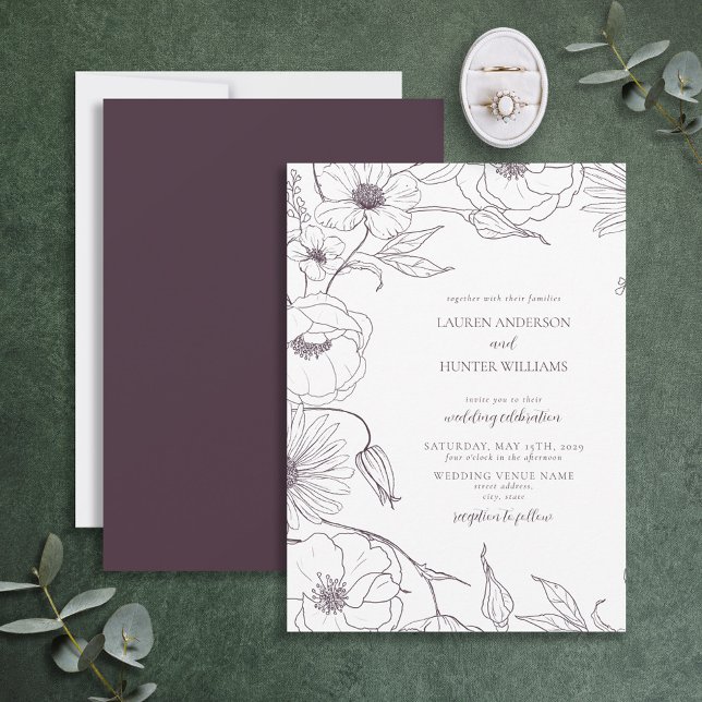 Modern Plum Purple Line Art Floral Wedding Invitation (Creator Uploaded)