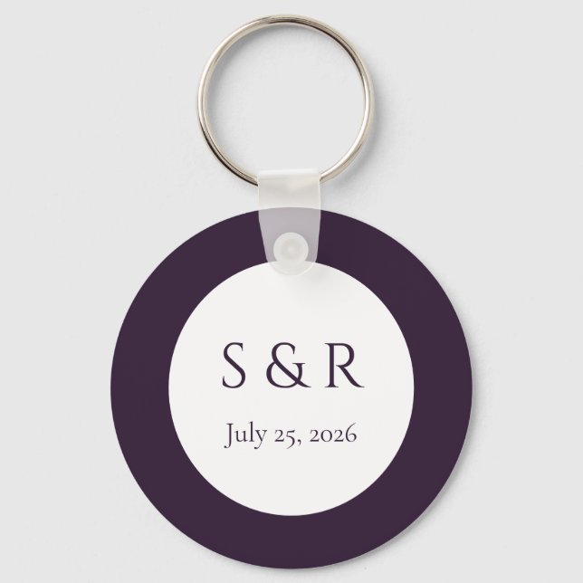 Modern Plum Purple Minimal Monogram Wedding Favour Key Ring (Front)