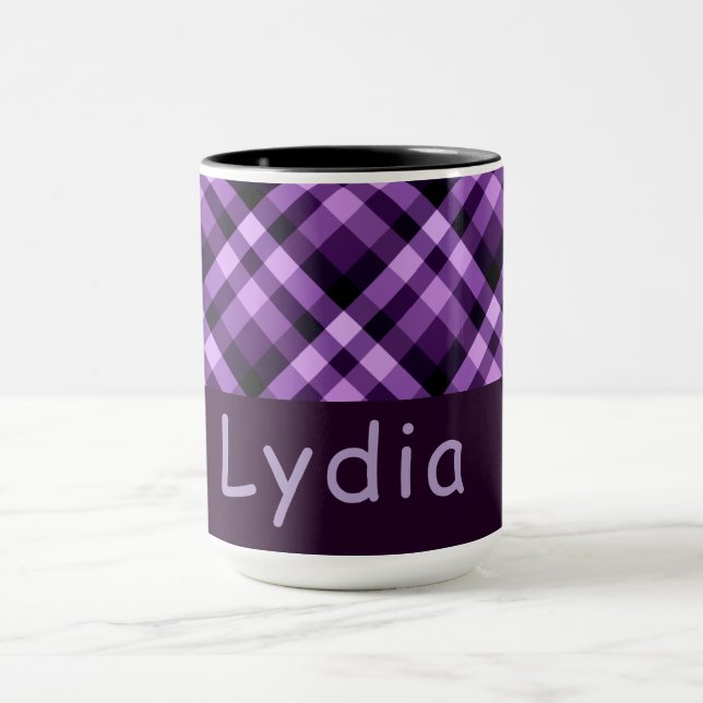 Modern Plum Purple Plaid Monogram 15 oz Mug (Center)