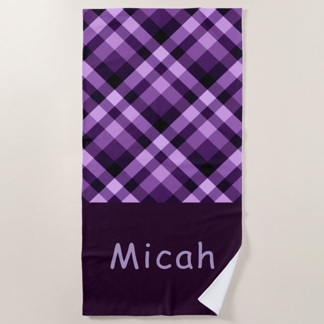 Modern Plum Purple Plaid Monogram Beach Towel (Front)