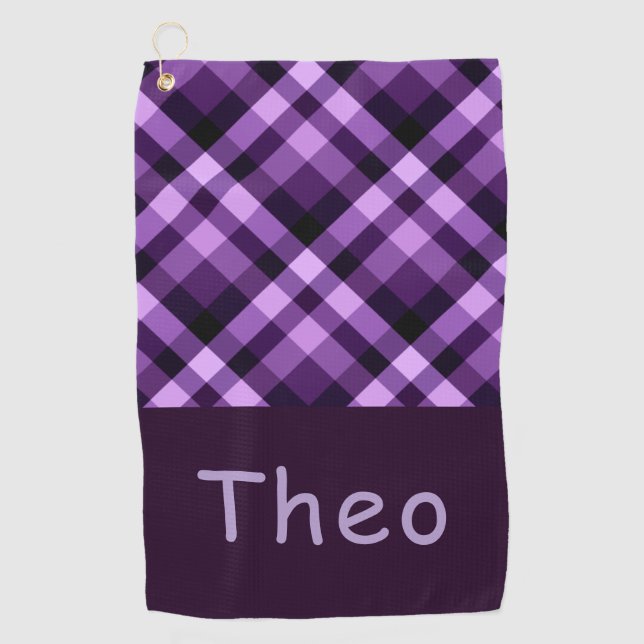 Modern Plum Purple Plaid Monogram Golf Towel (Front)