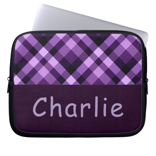Modern Plum Purple Plaid Monogram Laptop Sleeve (Front)