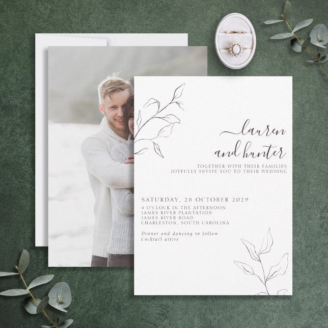 Modern Plum Purple Script Botanical Photo Wedding Invitation (Creator Uploaded)