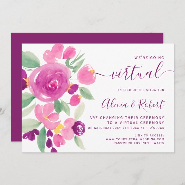 Modern plum purple watercolor virtual wedding invitation (Front/Back)