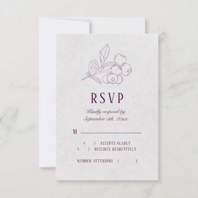 Modern Plum Silver Grey Botanical Elegant Wedding RSVP Card (Front)