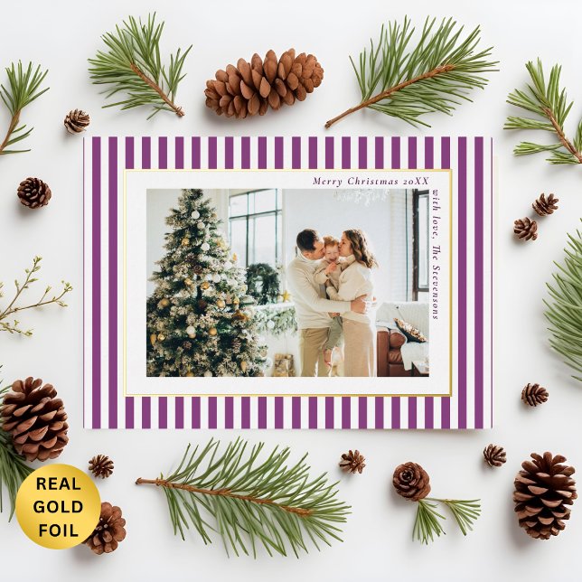 Modern Plum Stripes Photo Christmas Gold (Creator Uploaded)