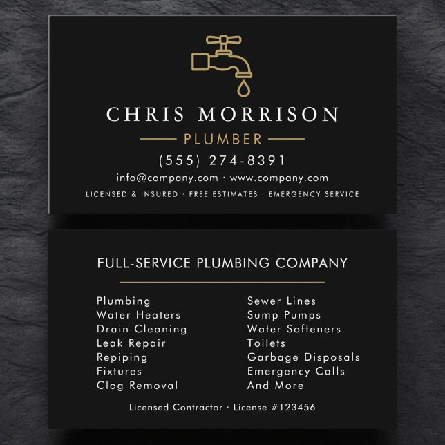 Modern Plumber Black Gold Minimalist Business Card (Creator Uploaded)