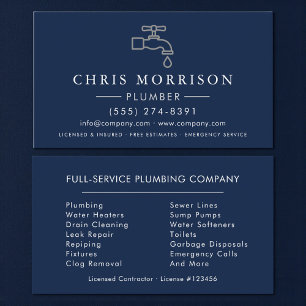 Modern Plumber Navy Blue Silver Minimalist Business Card