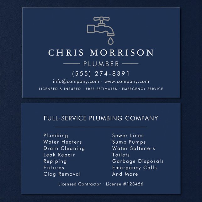 Modern Plumber Navy Blue Silver Minimalist Business Card (Creator Uploaded)