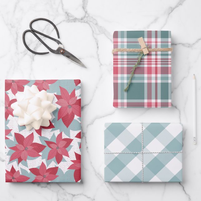 Modern Poinsettia Buffalo Check + Plaid  Wrapping Paper Sheet (Front)