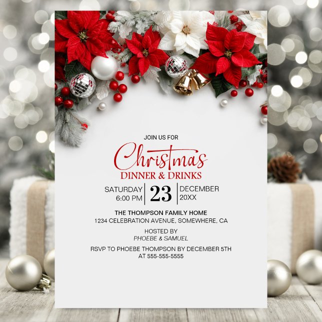 Modern Poinsettia Christmas Dinner and Drinks Invitation (Creator Uploaded)