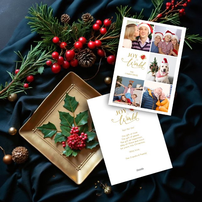 Modern Poinsettia Collage 5-Photo Family Holiday Card (Elegant Modern Poinsettia Collage Five Photo Family Christmas Holiday Cards.)