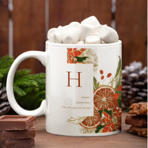 Modern Poinsettia & Greenery   Christmas Monogram Coffee Mug