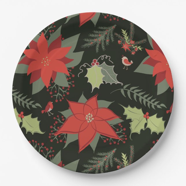 Modern Poinsettia Holly Christmas  Paper Plate (Front)