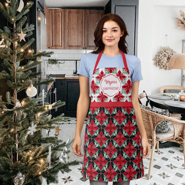 Modern Poinsettia pattern christmas chef Apron (Creator Uploaded)