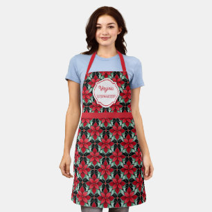 Modern Poinsettia pattern christmas chef black bg Apron
