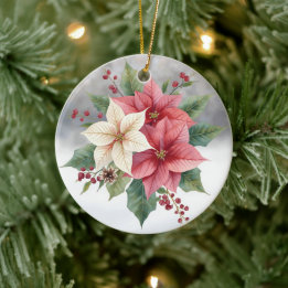 Modern Poinsettia Pink and White Christmas Ceramic Tree Decoration