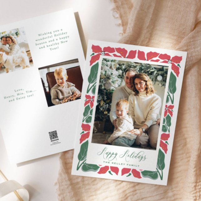 Modern Poinsettia Script Happy Holidays Photo Holiday Card (Creator Uploaded)