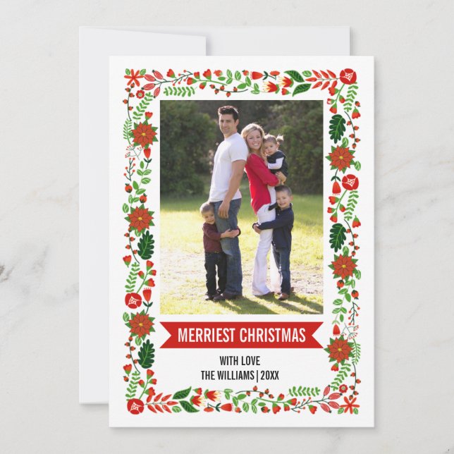 Modern poinsettias red and green Christmas photo Holiday Card (Front)
