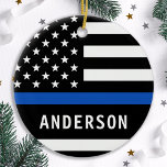 Modern Police Officer Personalised Thin Blue Line Ceramic Tree Decoration<br><div class="desc">Personalised Thin Blue Line Ornament - American flag in Police Flag colours, modern black blue design . Personalise this police christmas ornament with Officer's name, or department, and year. This personalised police ornament is perfect for police departments, law enforcement officers, or as a memorial keepsake. Order these police ornaments bulk...</div>