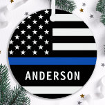Modern Police Officer Personalised Thin Blue Line Metal Tree Decoration<br><div class="desc">Personalised Thin Blue Line Ornament - American flag in Police Flag colours, modern black blue design . Personalise this police christmas ornament with Officer's name, or department, and year. This personalised police ornament is perfect for police departments, law enforcement officers, or as a memorial keepsake. Order these police ornaments bulk...</div>