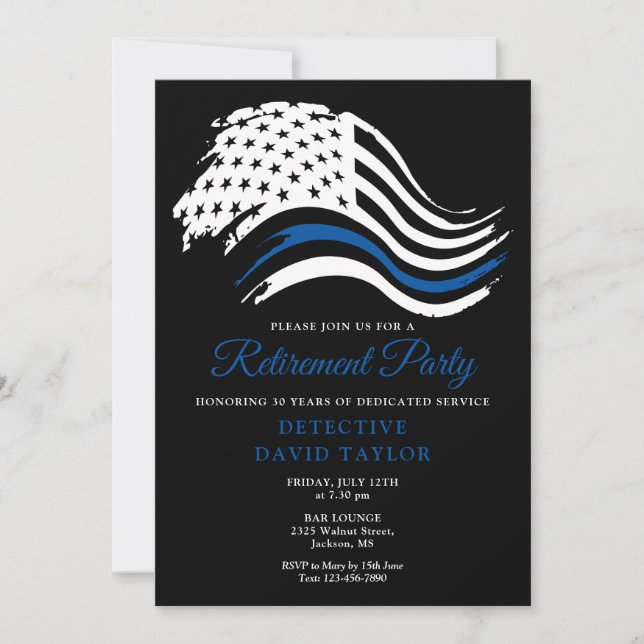 Modern Police Retirement Party Thin Blue Line Flag Invitation (Front)