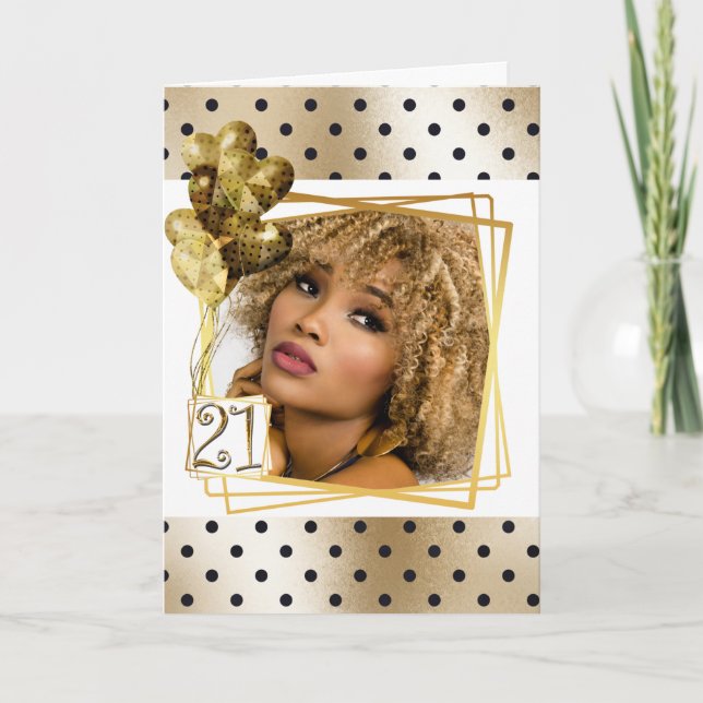 Modern polka dot black gold 21st balloons card (Front)