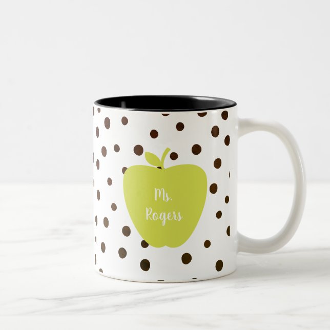 Modern Polka Dot Neon Apple Teacher Two-Tone Coffee Mug (Right)