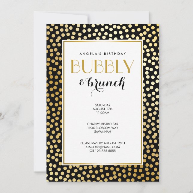 Modern Polka Dot Pattern Black and Gold Invitation (Front)