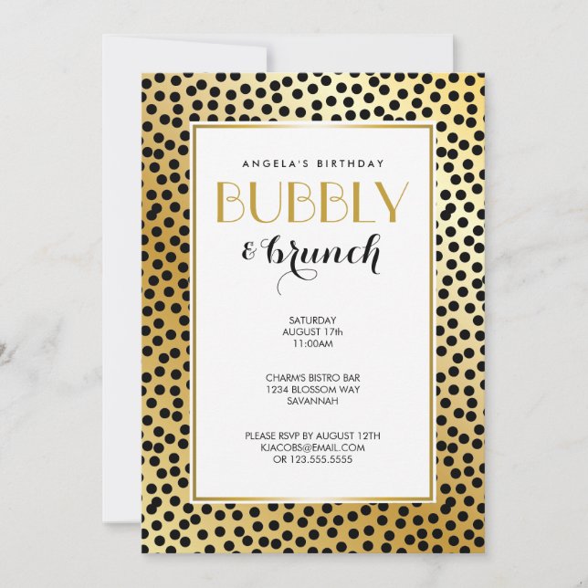 Modern Polka Dot Pattern Black and Gold Invitation (Front)