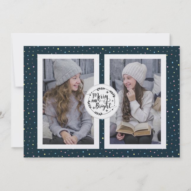 Modern, Polka Dot Two Photo Christmas Card Blue (Front)