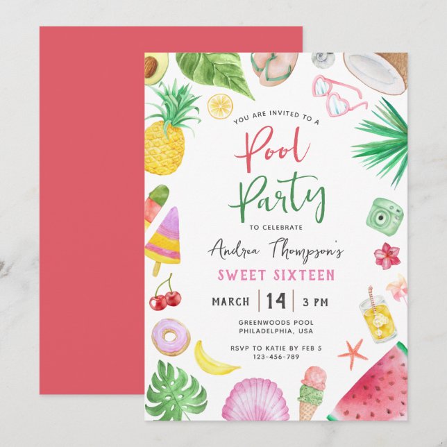 Modern Pool Party Summer Sweet Sixteen Birthday Invitation (Front/Back)