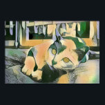 Modern Pop Art Calico Kitty For Cat Lovers Poster<br><div class="desc">This is a modern pop art style digital illustration of a calico cat relaxing on a cushion in front of some windows. It is done in a comic book style with muted color tones of yellow,  green and gray.</div>