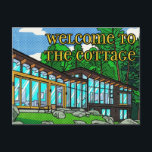 Modern Pop Art Forest Cabin Mid-Century Comic Postcard<br><div class="desc">Modern architectural illustration features a contemporary cabin nestled in a lush forest. The design uses a vibrant pop art aesthetic characterized by bold outlines and a distinct halftone pattern. High-contrast colors of emerald green, azure blue, and golden yellow define the glass-fronted structure and surrounding woodland. The playful greeting text is...</div>