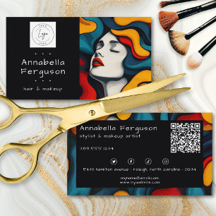 Modern Pop Art Retro Colorful Hair Makeup Logo QR Business Card