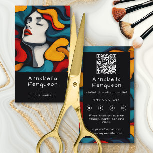 Modern Pop Art Retro Colorful Hair Makeup QR Code Business Card